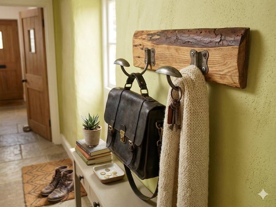 Vintage coat hook in solid wood and metal –