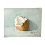 Ancient watercolor depicting an open coconut