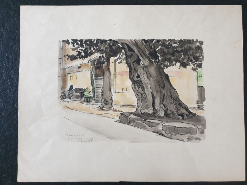 André Duculty (1912-1990) Watercolor on paper "Place de l'ormeau à Ramatuelle" Signed below