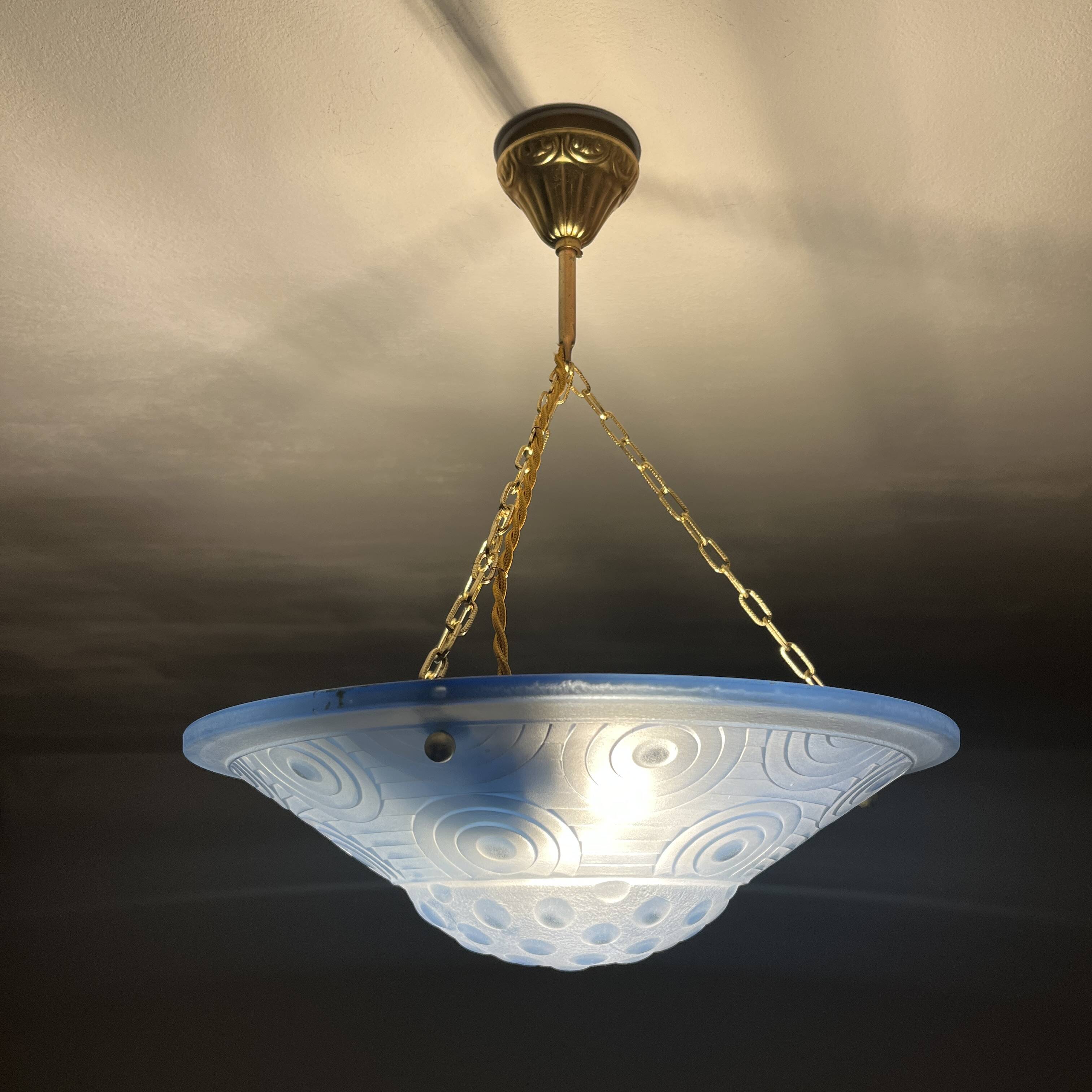 Blue pressed glass basin with Art Deco geometric patterns