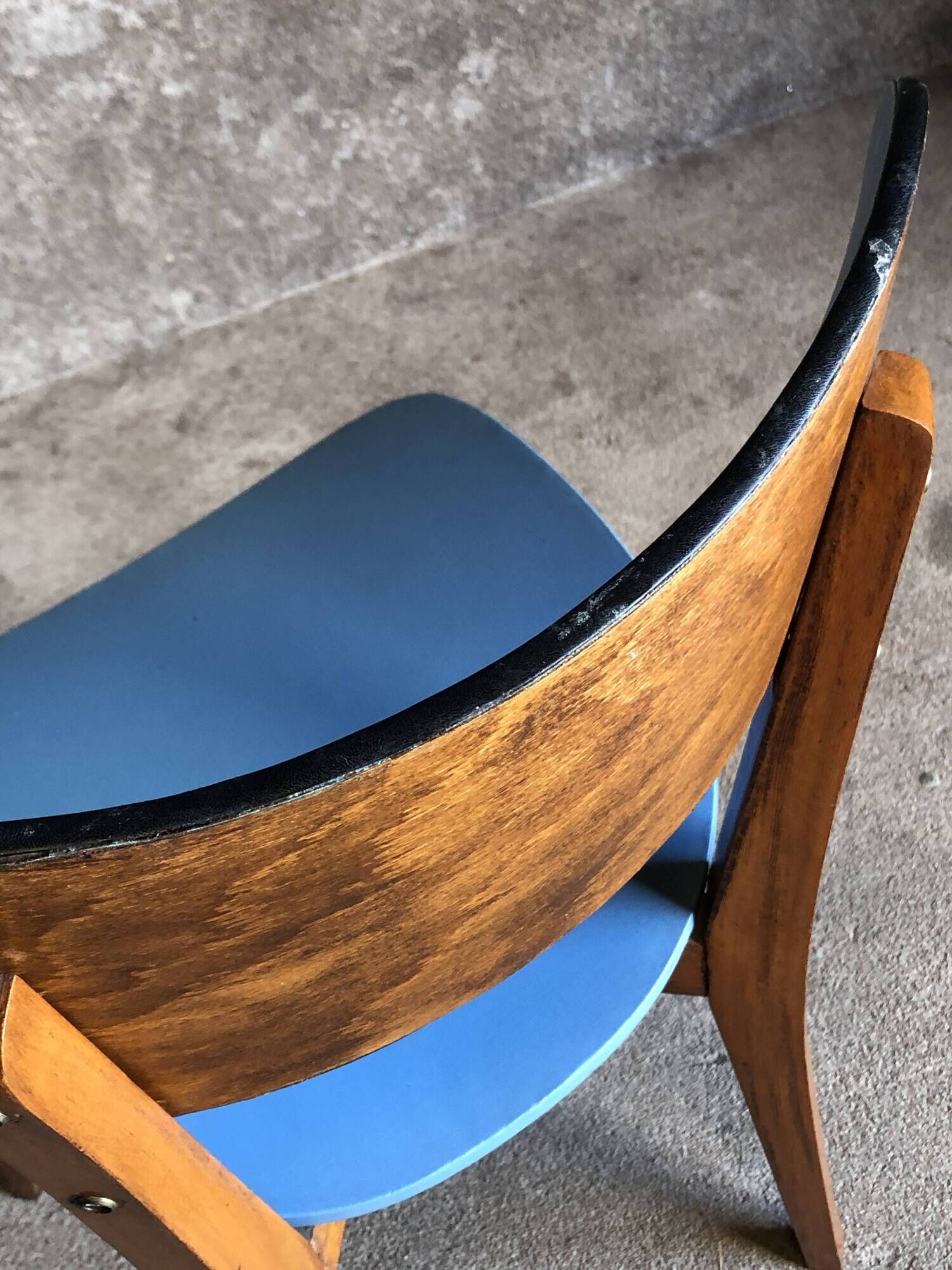 Pair of vintage bistro chairs in wood and light blue vinyl