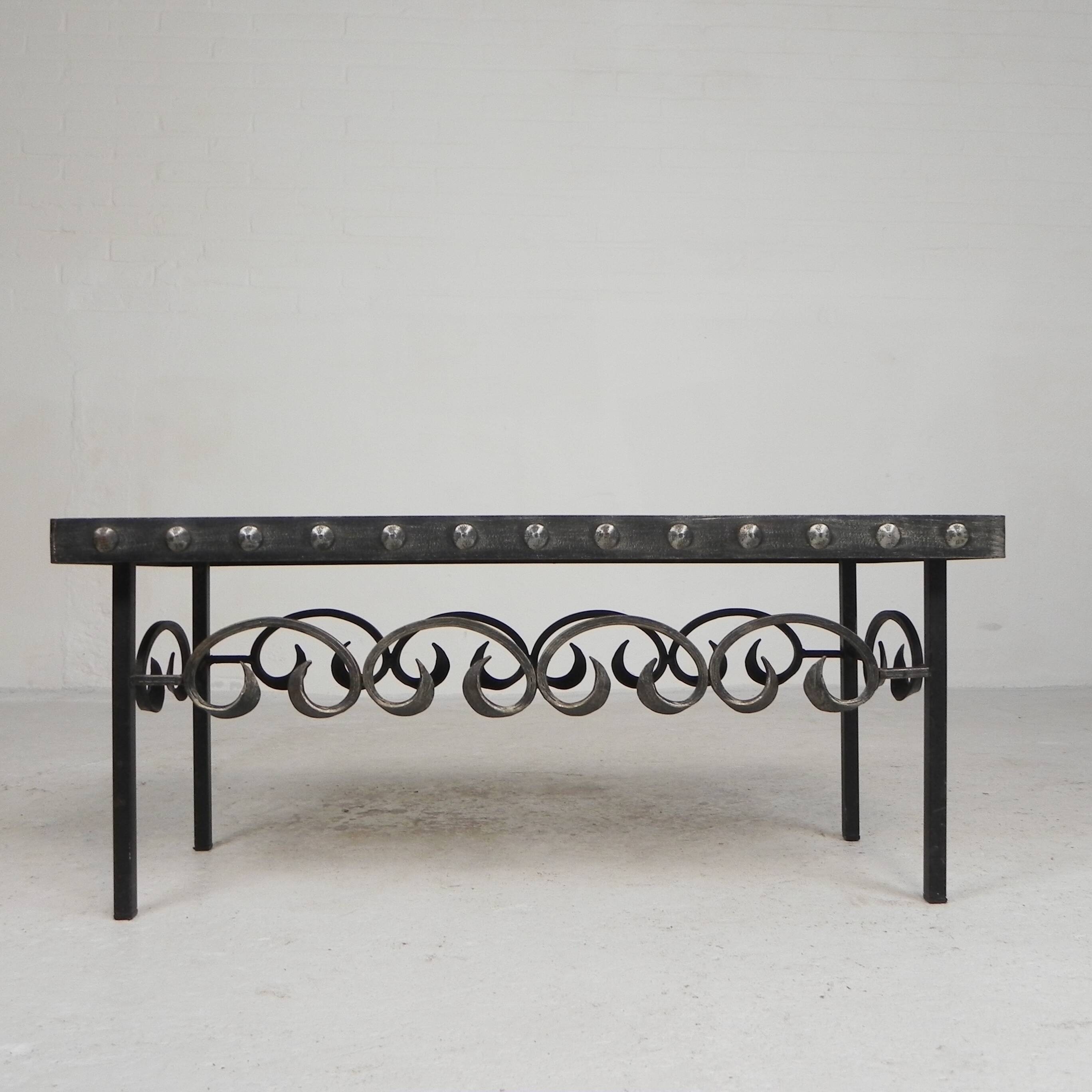 Brutalist mid-century tiled table, with 10 tiles and steel frame, 1960s.