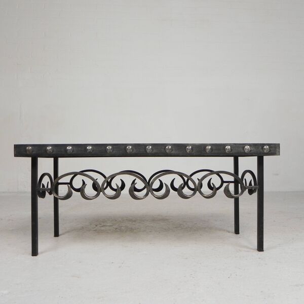 Table carrelée brutaliste mid-century, avec 10 carreaux et cadre en acier, années 1960