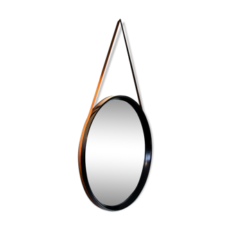 Miroir suédois cerclé de cuir  par AB Glas & Trä diamètre 51cm