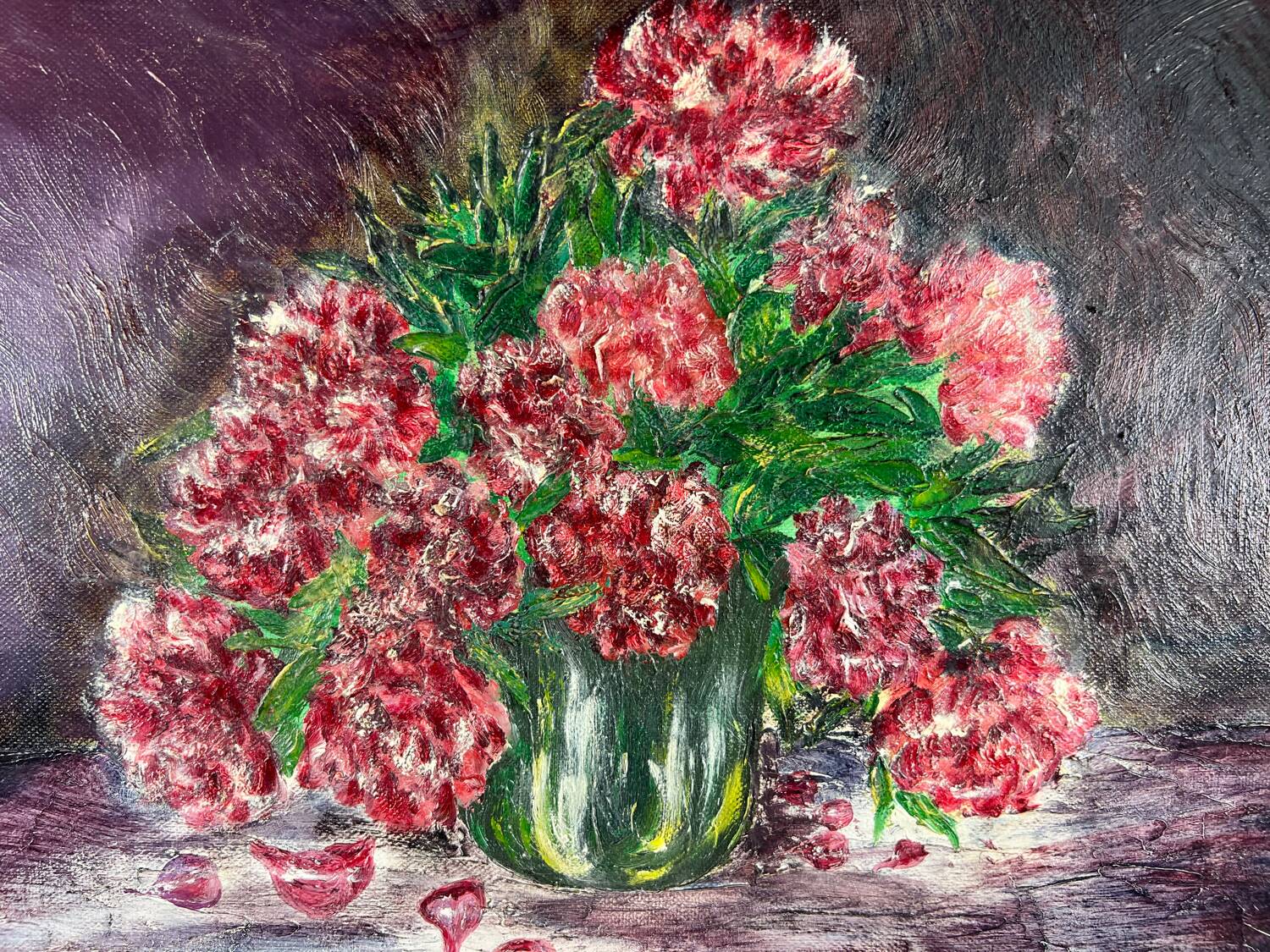 Painting painting bouquet of red peony flowers