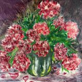 Painting painting bouquet of red peony flowers