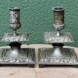 Pair of square candlesticks in patinated bronze
