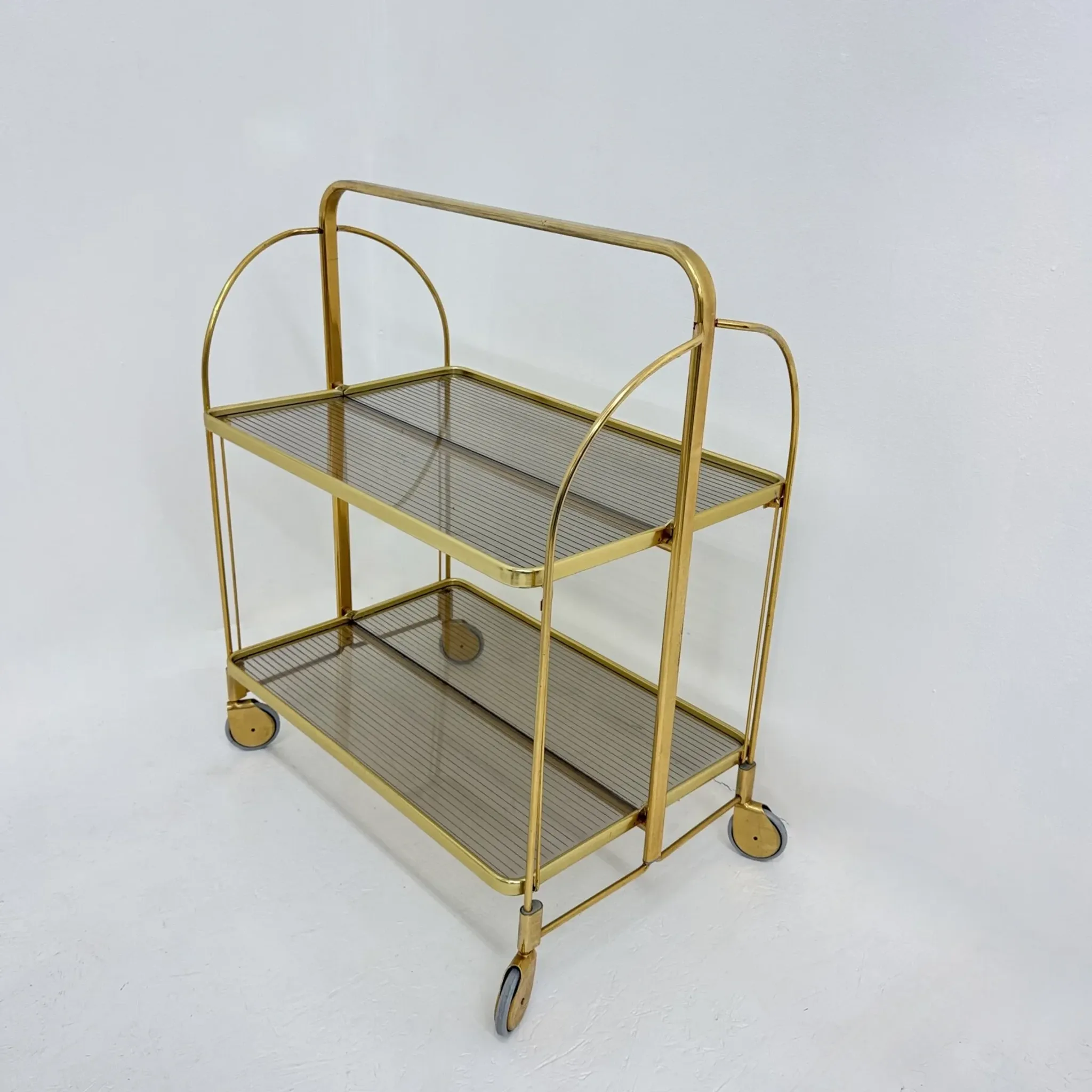 Mid-century modern folding bar cart in brass and ribbed acrylic glass, 1970s