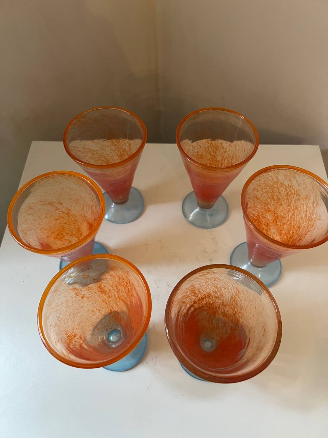 Set of 6 orange and blue vintage design stemmed glasses from the 1990s by A.GRAY.
