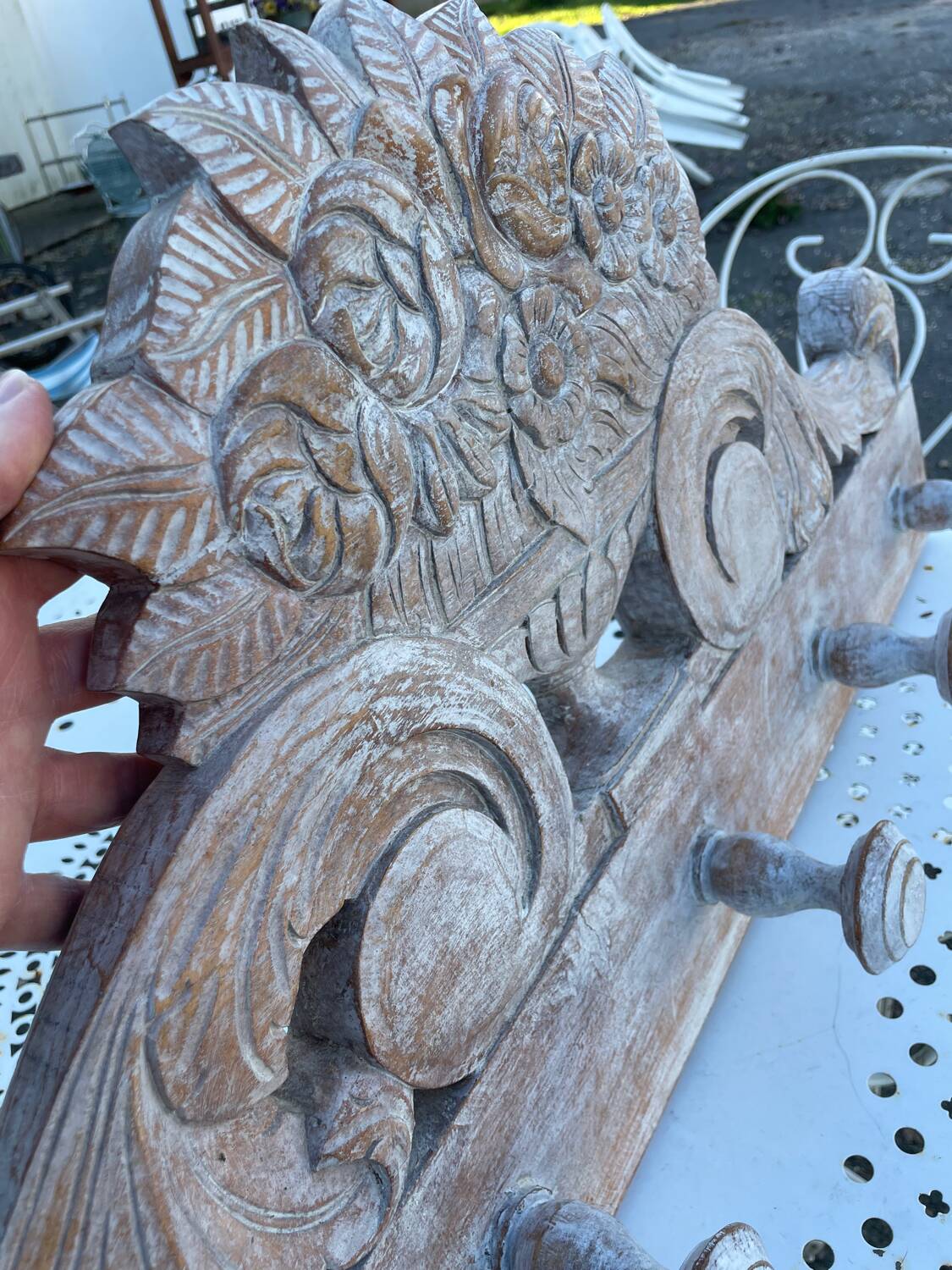 Raw carved wood coat rack