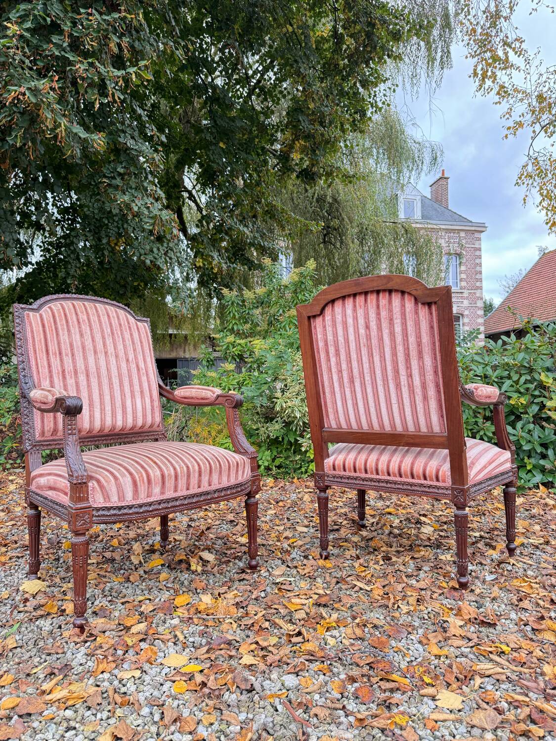 Pair of Louis XVI Style Mahogany Flat Back Armchairs, 19th Century