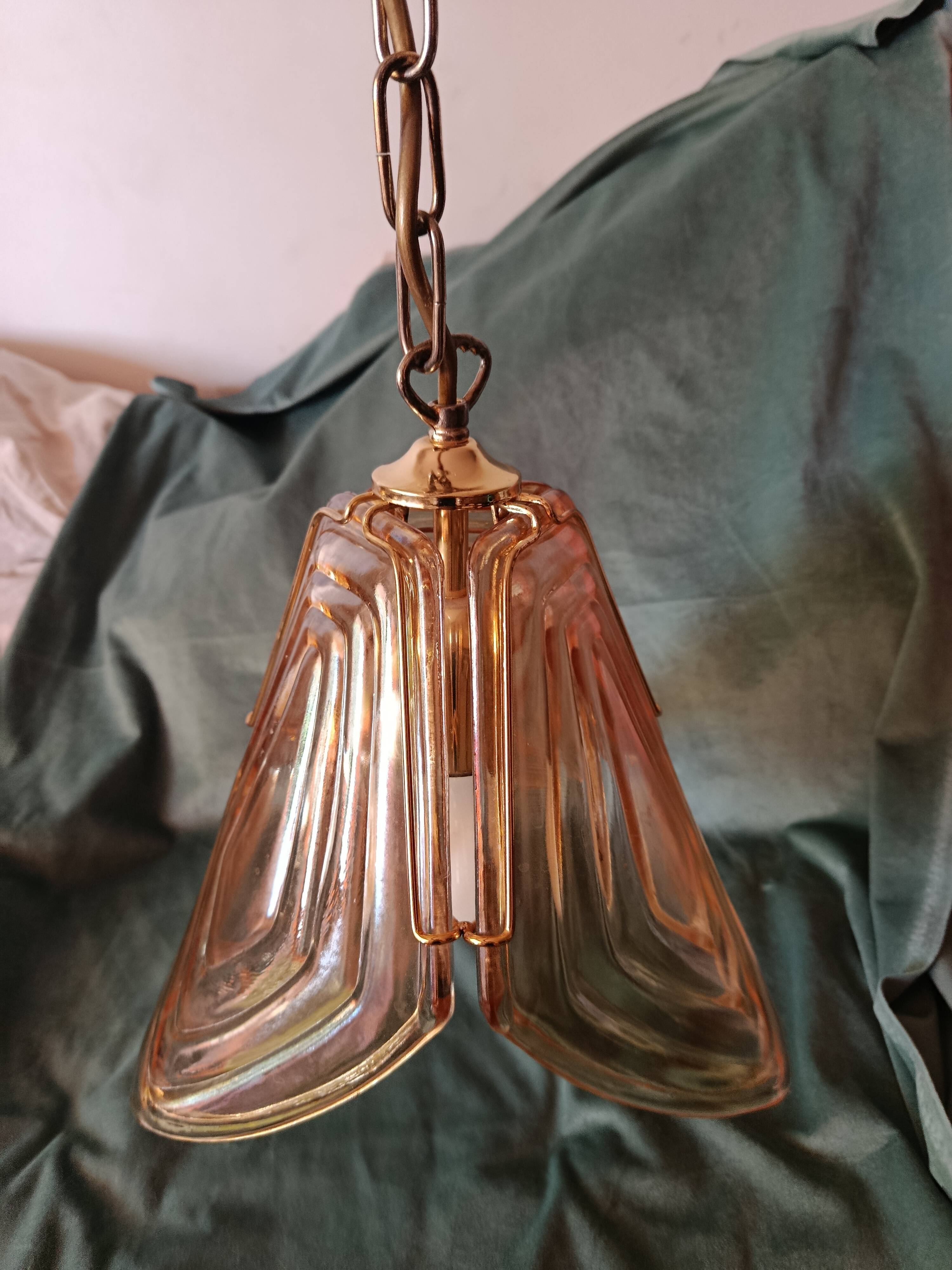 Vintage suspension in amber glass and brass