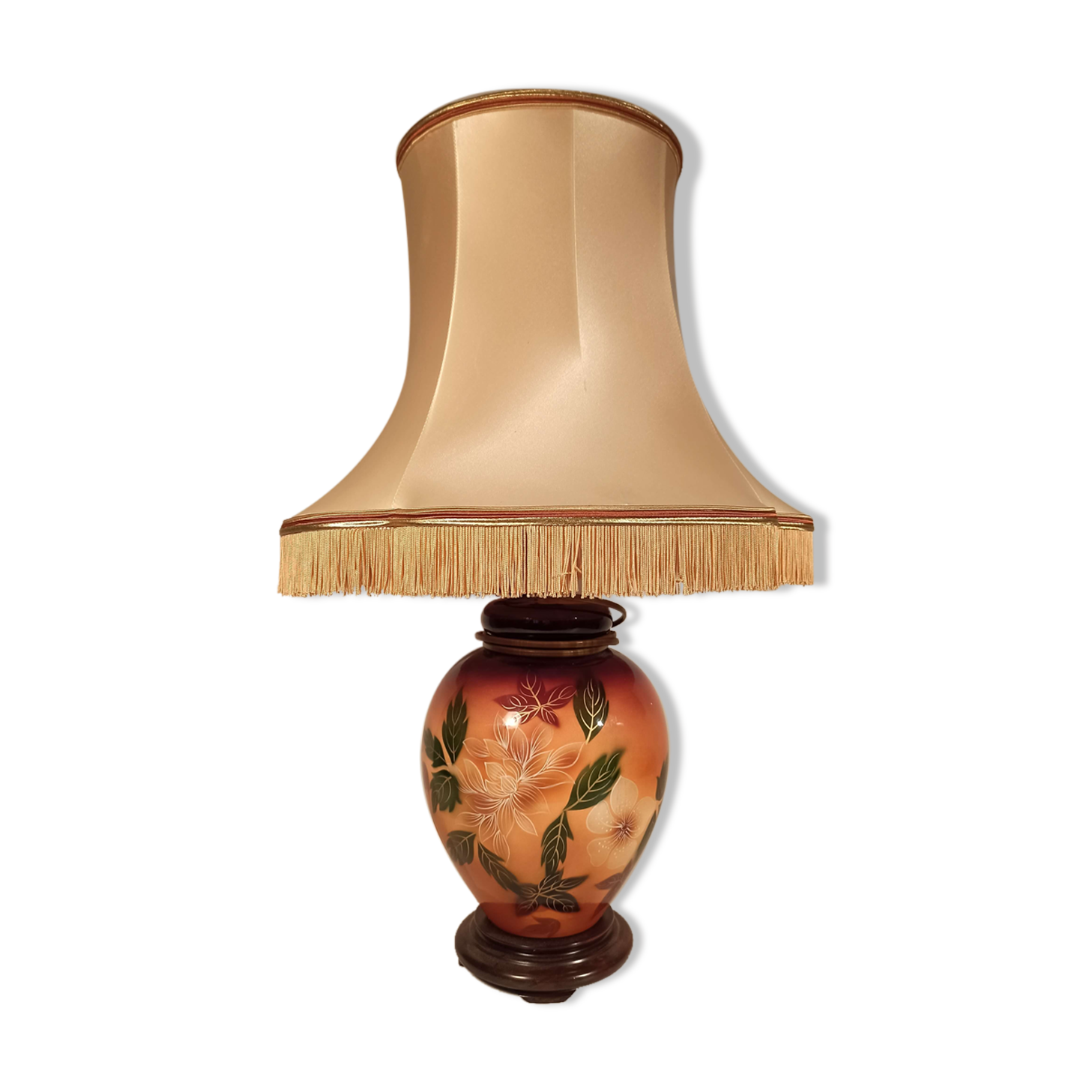 Large lamp to lay ceramic foot varnished orange and brown flowers
