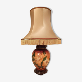 Large lamp to lay ceramic foot varnished orange and brown flowers