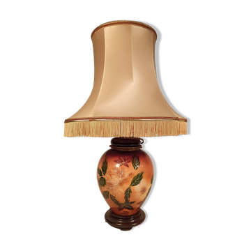 Large lamp to lay ceramic foot varnished orange and brown flowers