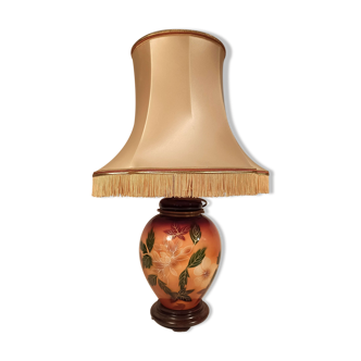 Lampe à poser pied céramique vernie fleurs orange et marron