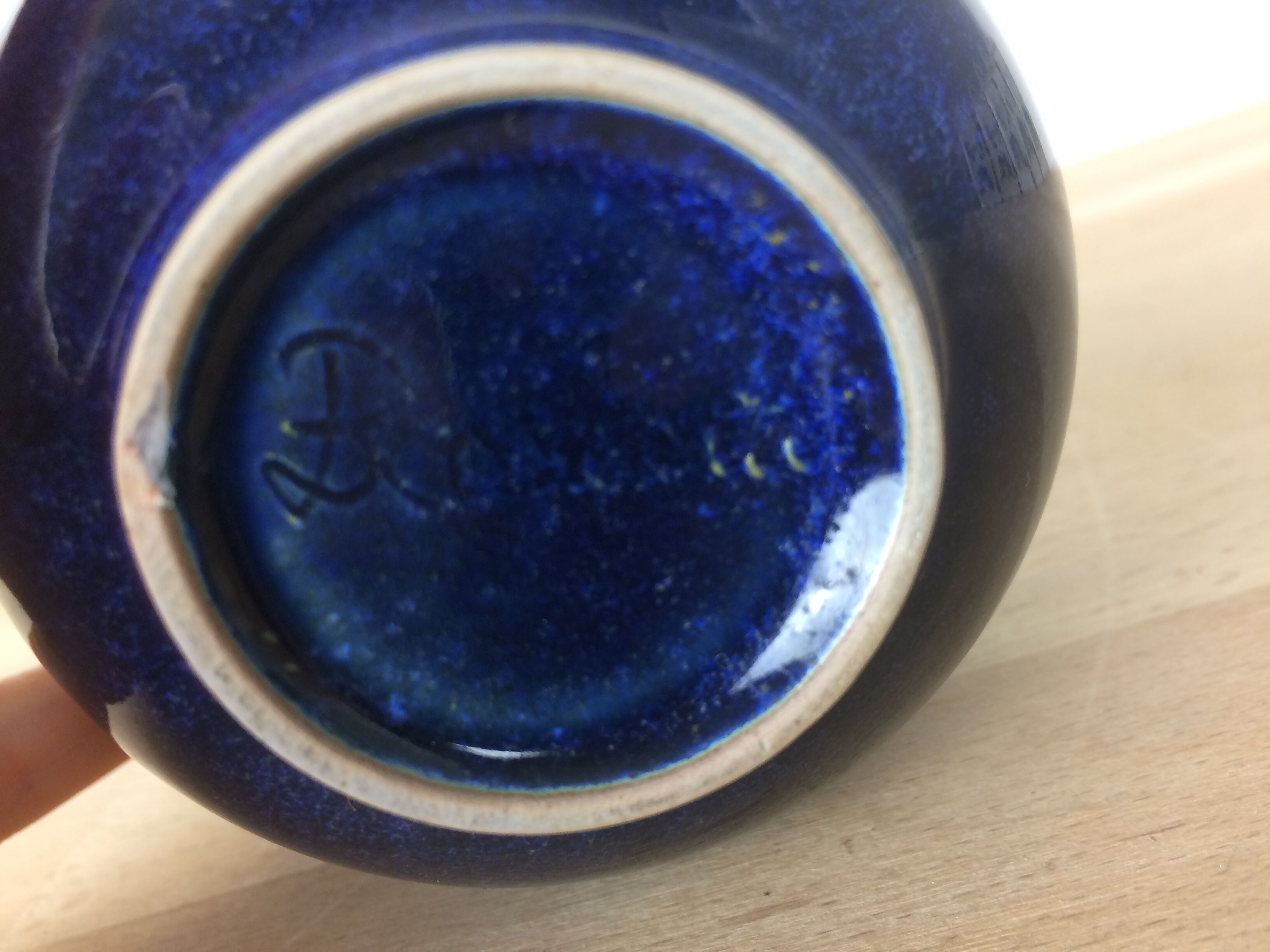 Ball vase, blue ceramic, signed