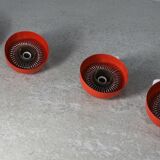 Set of 4 "spring" hanging lamps, orange steel, France, circa 1970