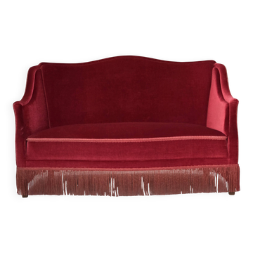 1970s, Danish 2-seater sofa, red furniture velour, ash wood legs.