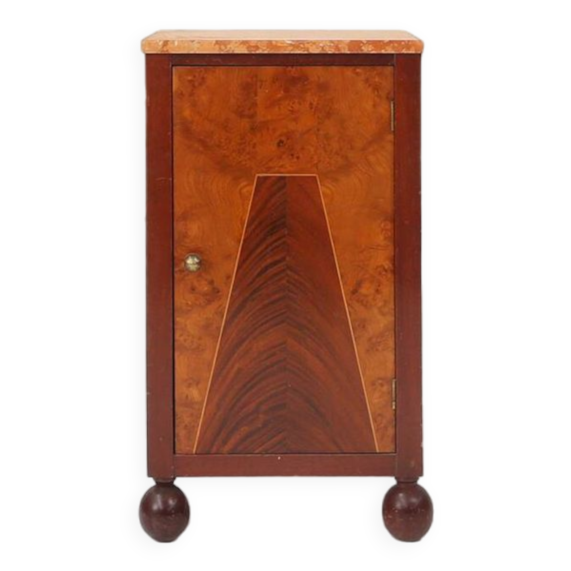 Table de chevet Art Déco avec marqueterie géométrique en bois et plateau en marbre, France, années 1930