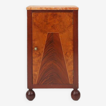 Art Deco nightstand with geometrical wooden inlay and marble top, France, 1930s