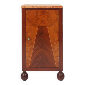 Art Deco nightstand with geometrical wooden inlay and marble top, France, 1930s