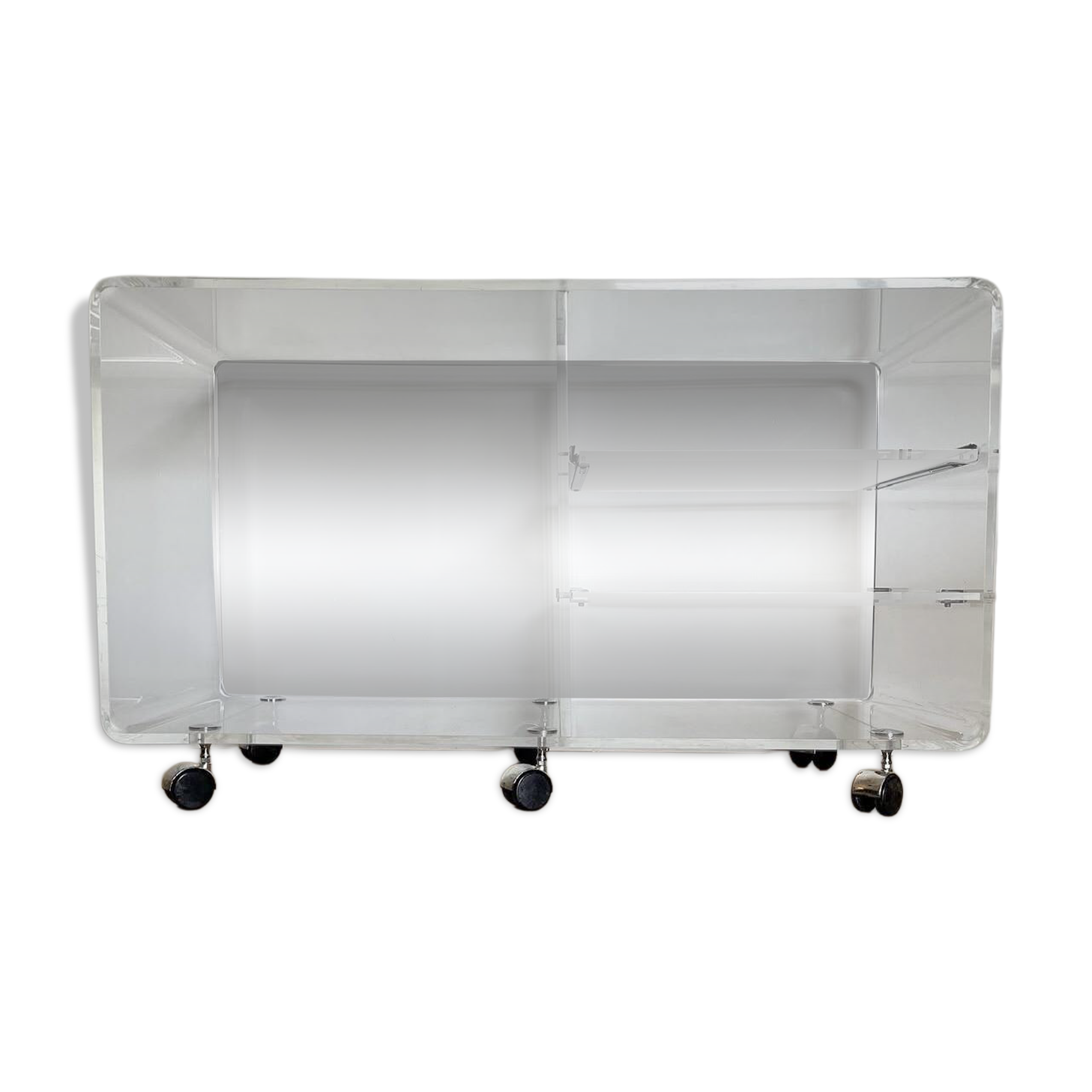 Shelf on wheels, transparent plexiglass TV stand.