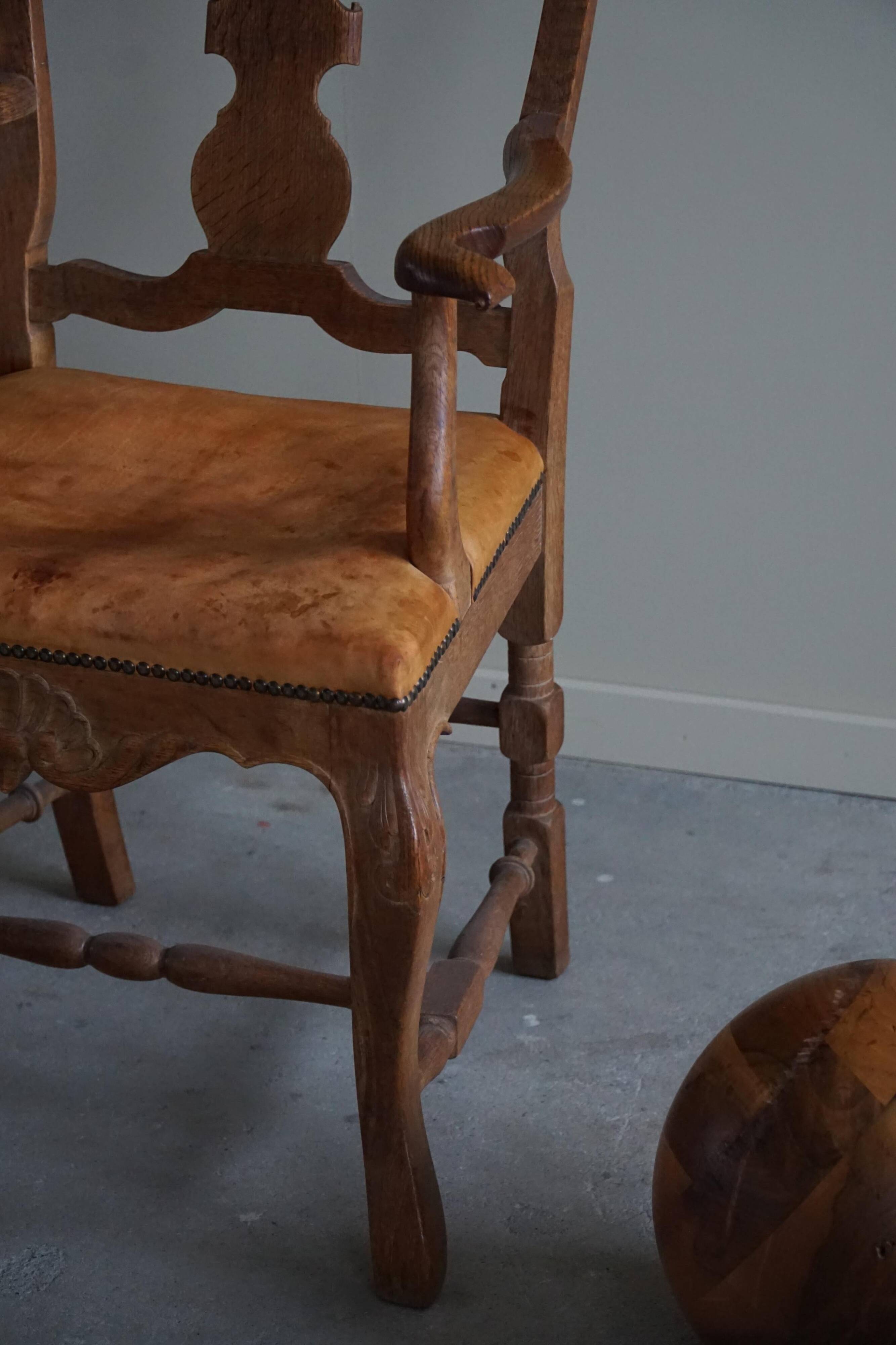 Vintage Sculptural Armchair in Oak and Leather, Danish Modern, 1940s