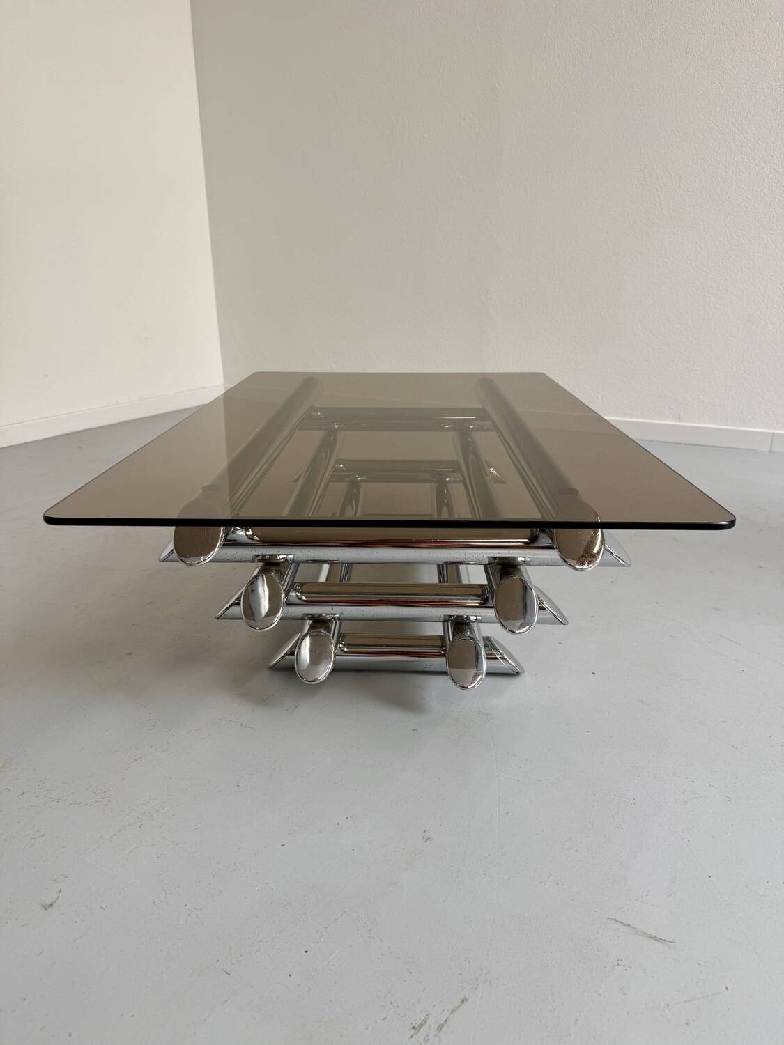Space coffee table from the 70s, tubular metal and glass, Italian design