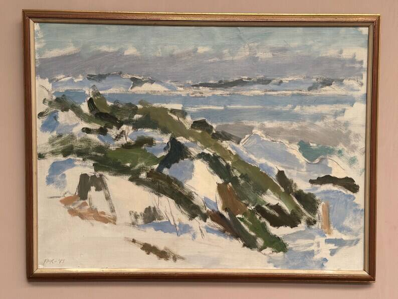 Original Swedish Oil on Canvas – "Winter Landscape" by FMK – Dated 1943 – Vintage and Framed – 78 × 60 cm (30.7" × 23.6")