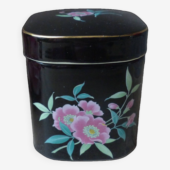 Ancienne boîte en céramique noire avec couvercle décor floral