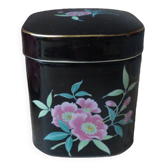 Old black ceramic box with lid floral decor