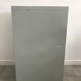 Three-drawer industrial grey metal filing cabinet with hanging backs