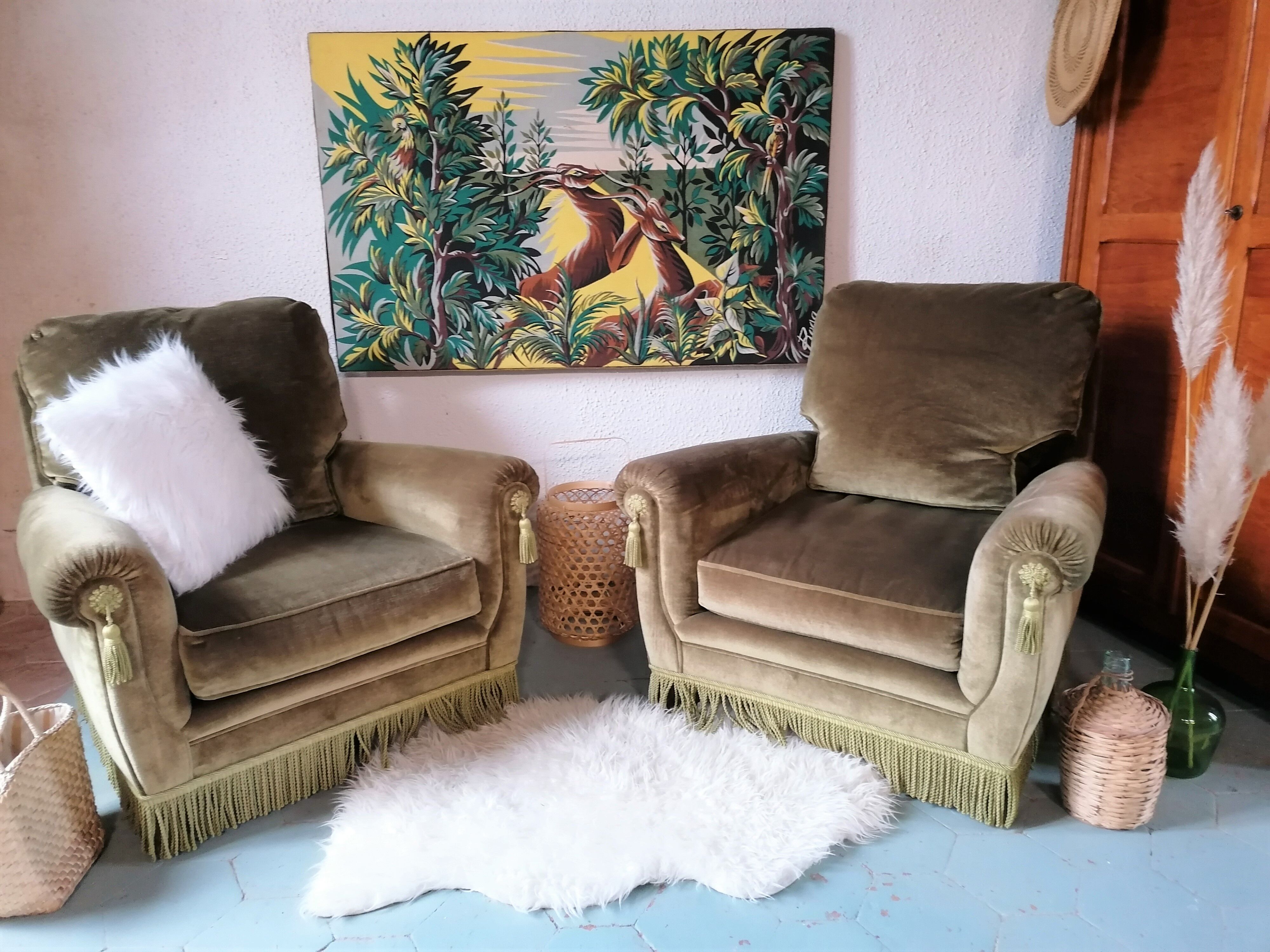 Paire de fauteuils en velours "Jean Roche "