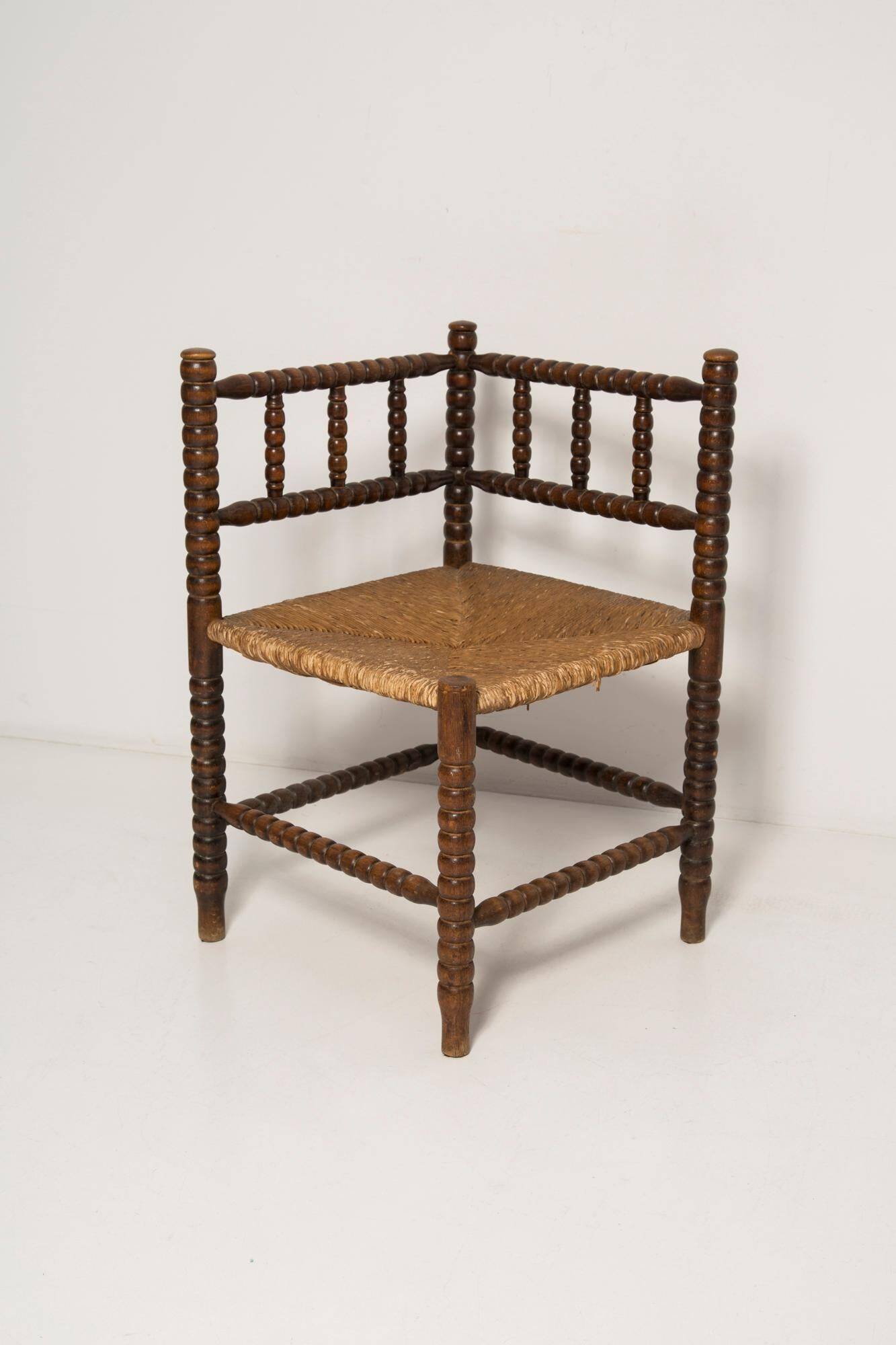 Provincial antique bobbin corner chair from the mid-century, France, 1940s.