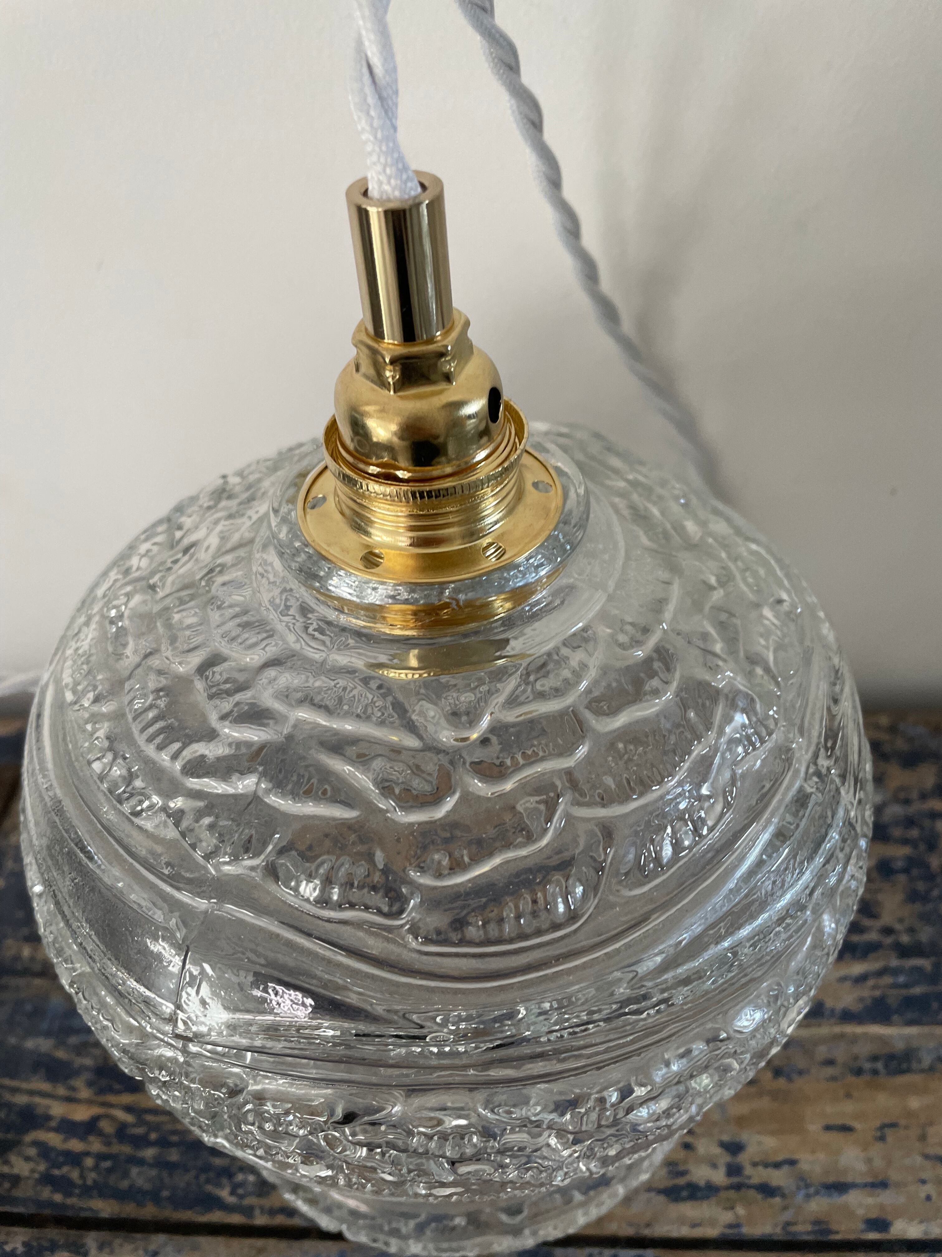 Set of two vintage electrified glass pendant lamps