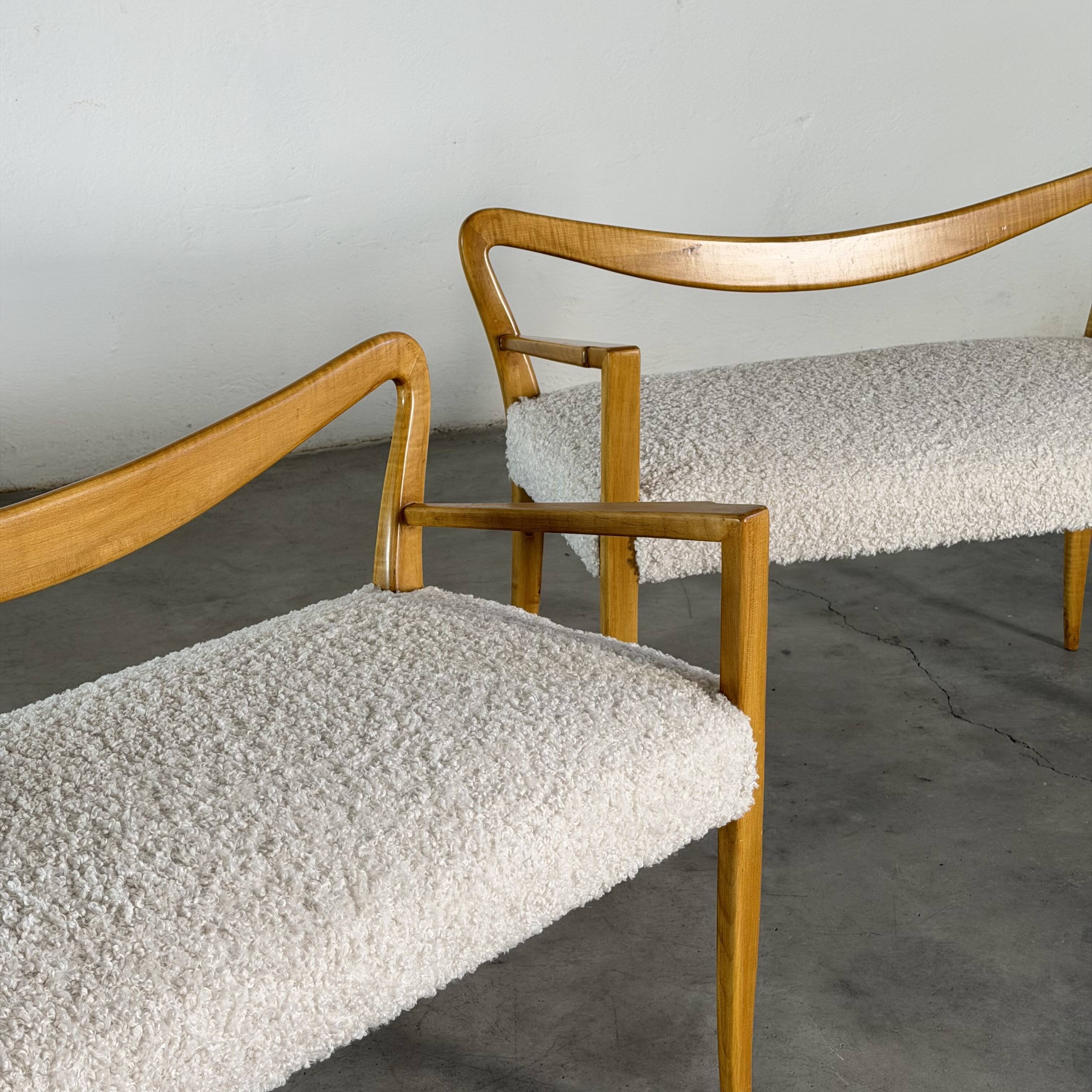 Benches Attributed to Guglielmo Ulrich, Blonde Maple & Bouclé, Italy 1940s