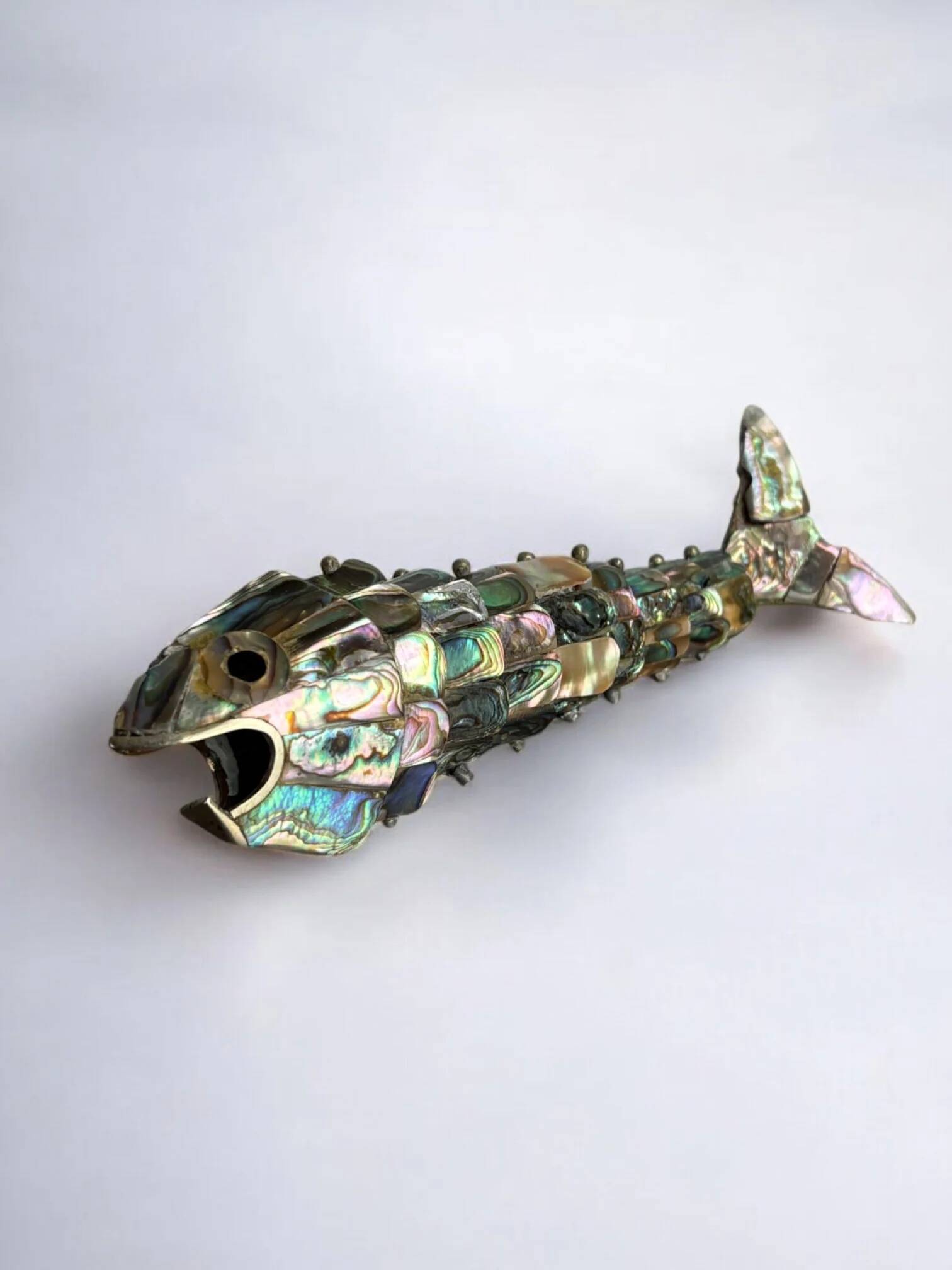 Articulated abalone shell and brass fish bottle opener, Mexico, 1980s, 17 cm