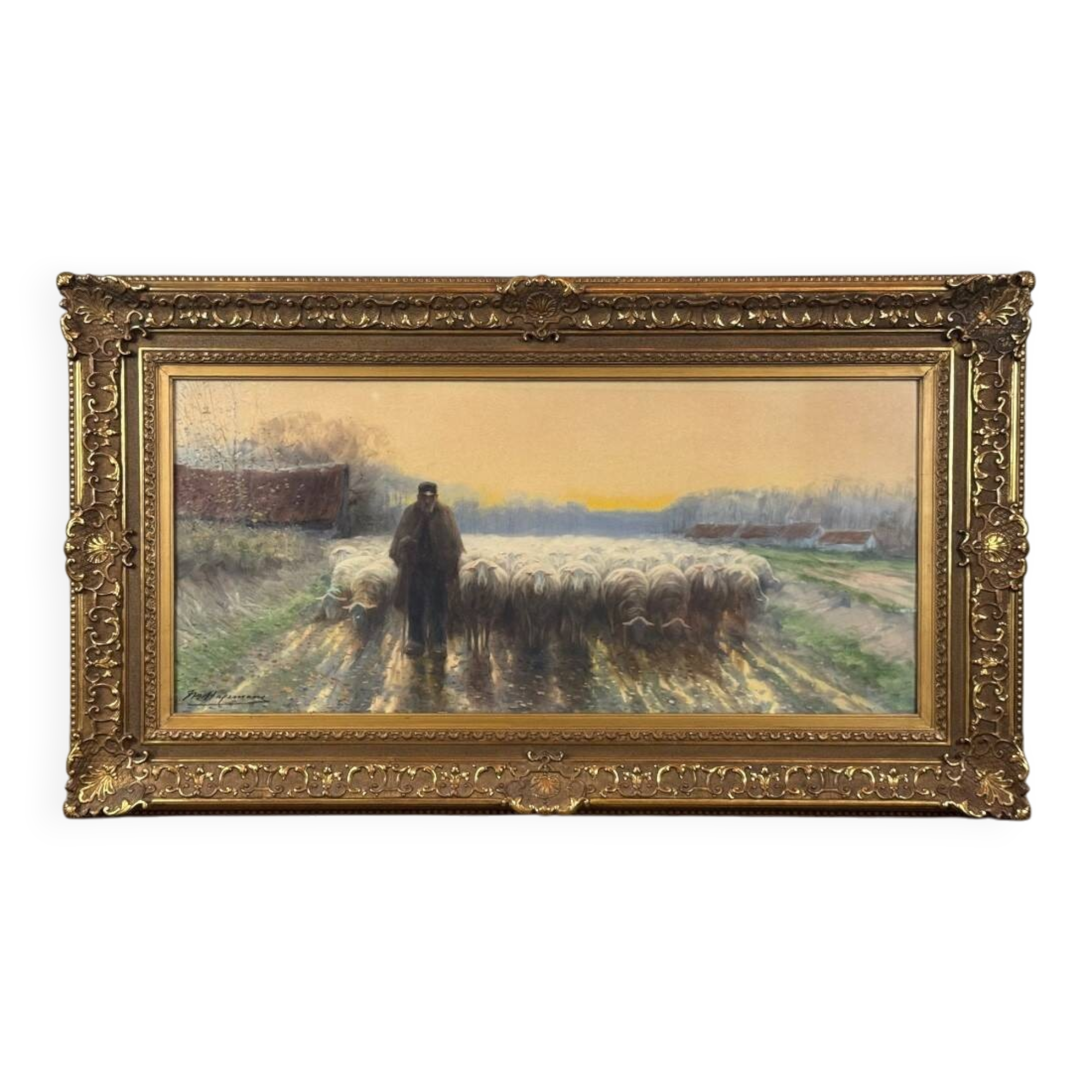 “Shepherd and his flock”, watercolor on paper, signed Maurice Hagemans