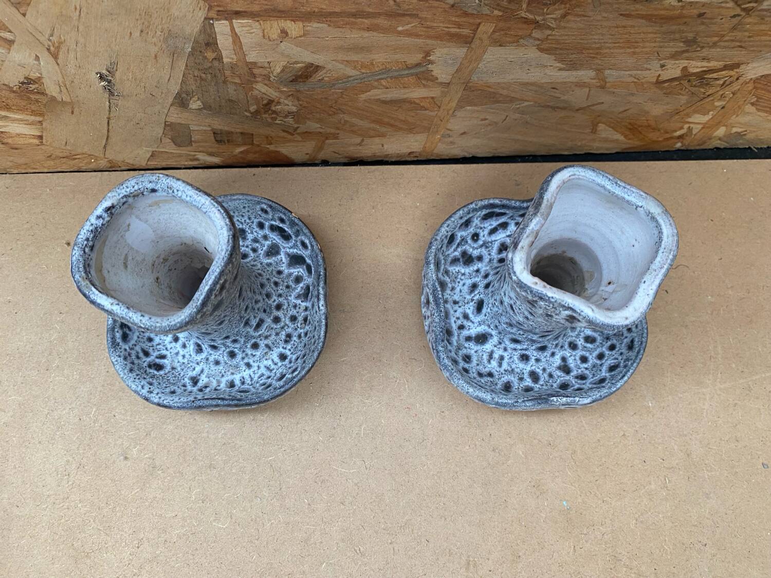 Pair of YURTSUA Candle Holders Vallauris Style Grey Ceramic Lava Vintage #B160