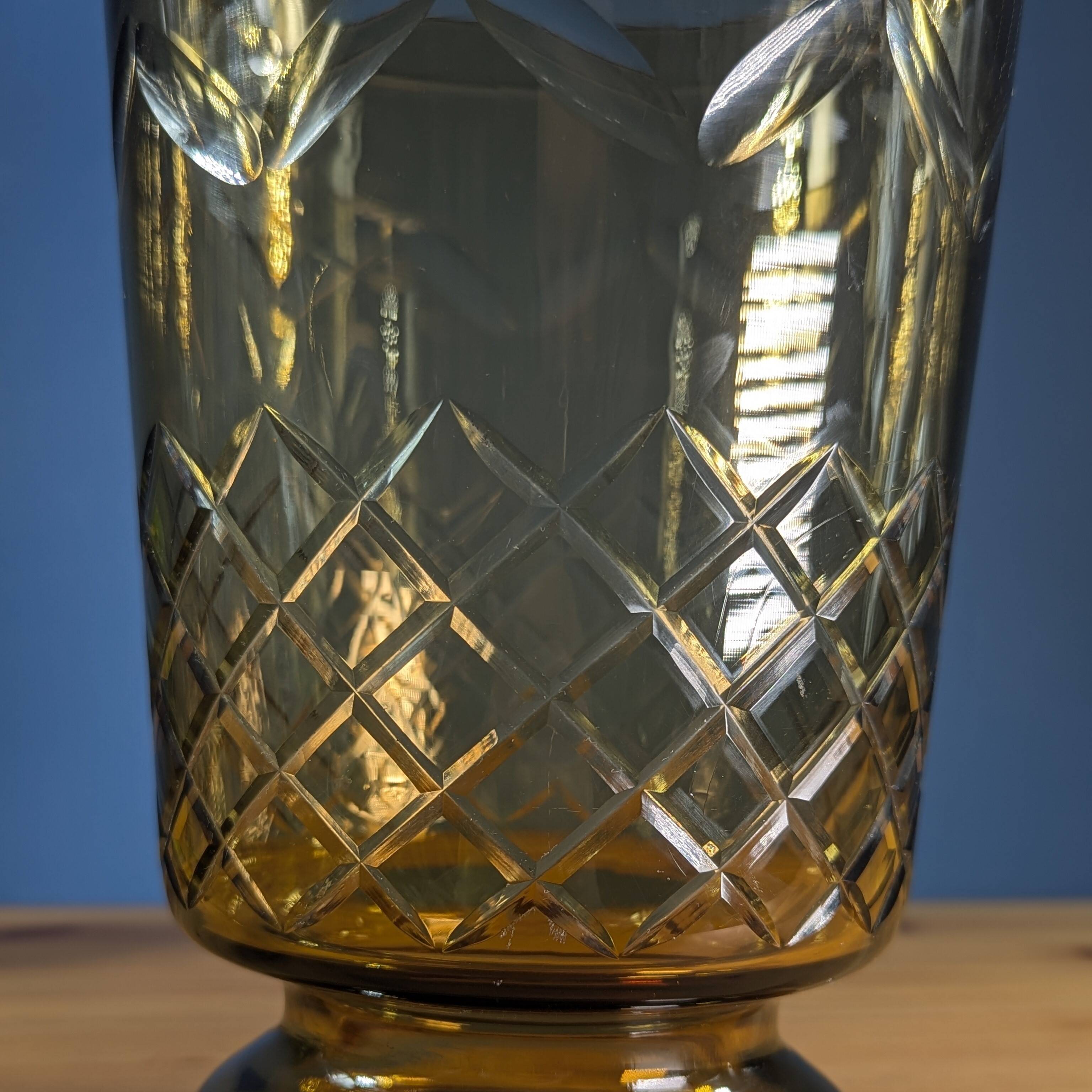 Brown smoked glass candle holder vase, height 23.5cm, geometric decoration
