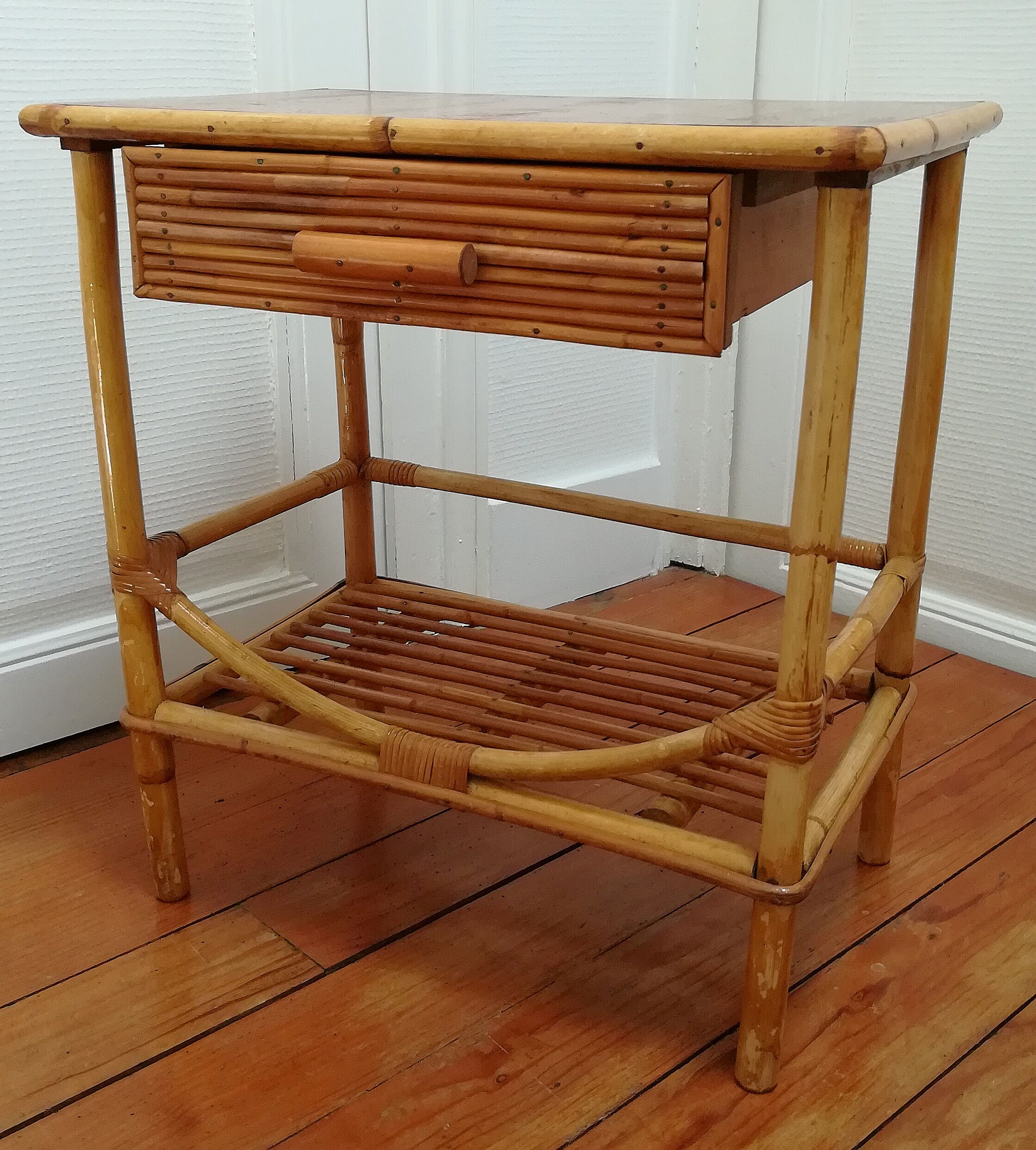 Rattan and vintage bamboo bedside table