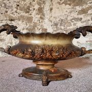 Large antique cast iron planter on a stand, brown-gold patina, France, circa 1900.