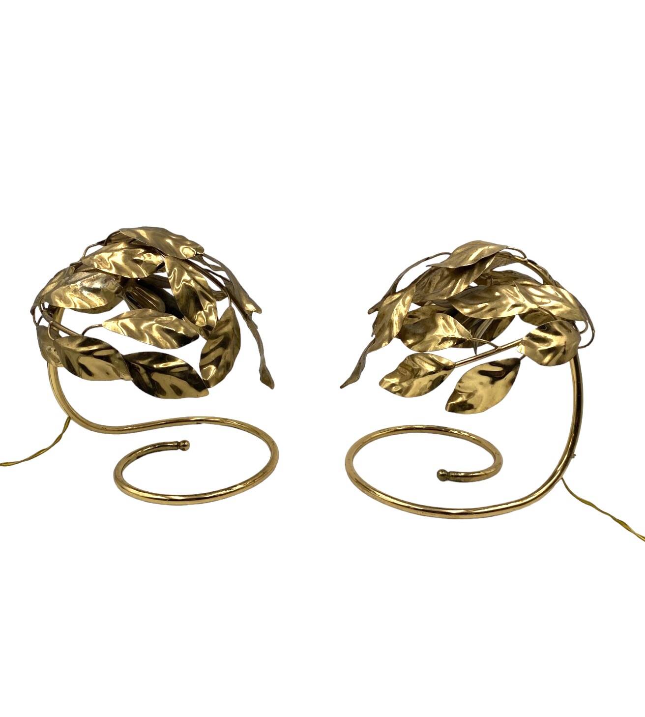 Hollywood regency set of 2 brass leaves table lamps, Bottega Gadda Italy, 1970s