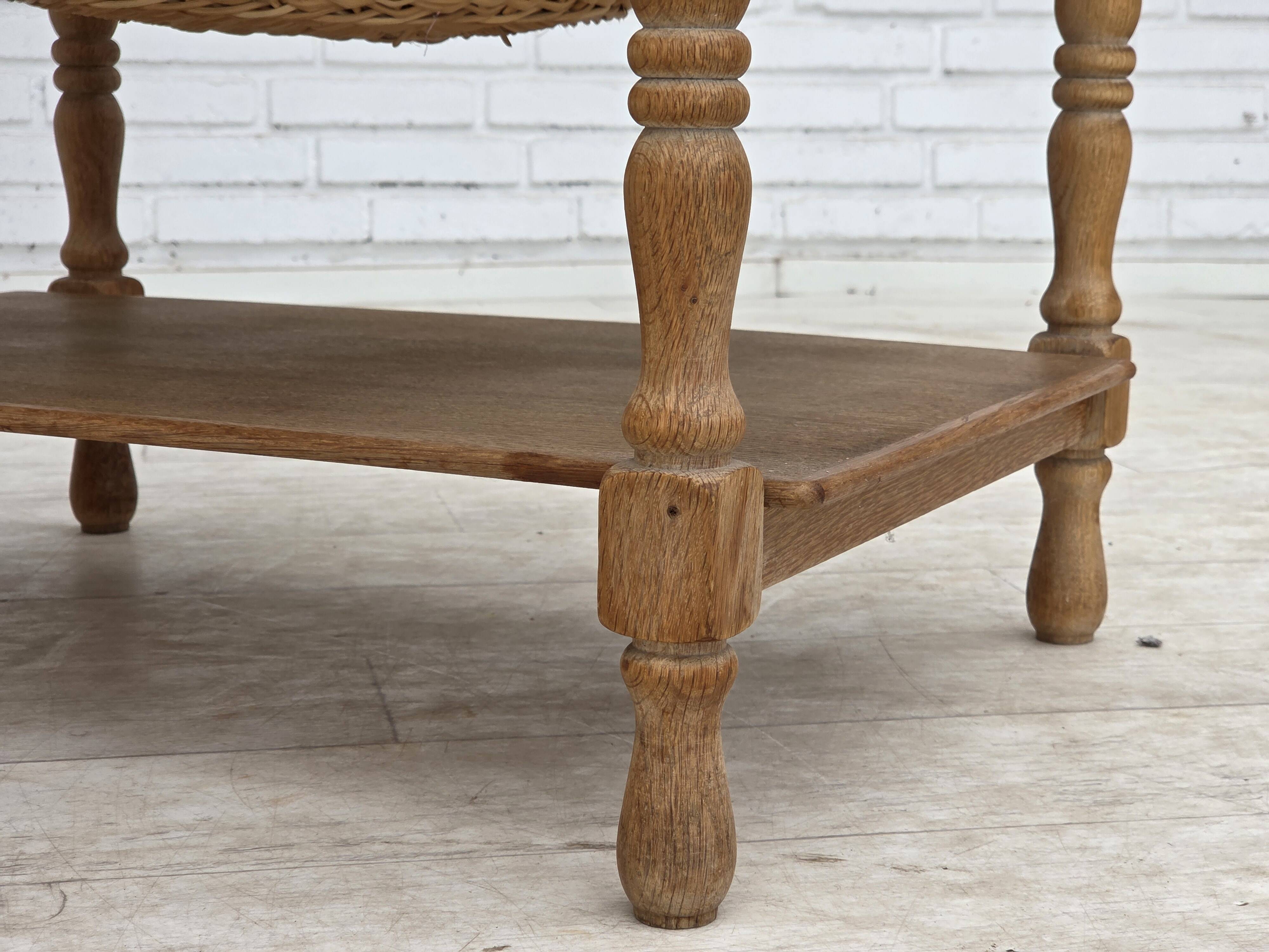 1970s, Scandinavian side table with drawers, solid oak wood, rattan.