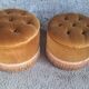 False pair of round Napoleon III poufs in ochre velvet, tufted with fringes.