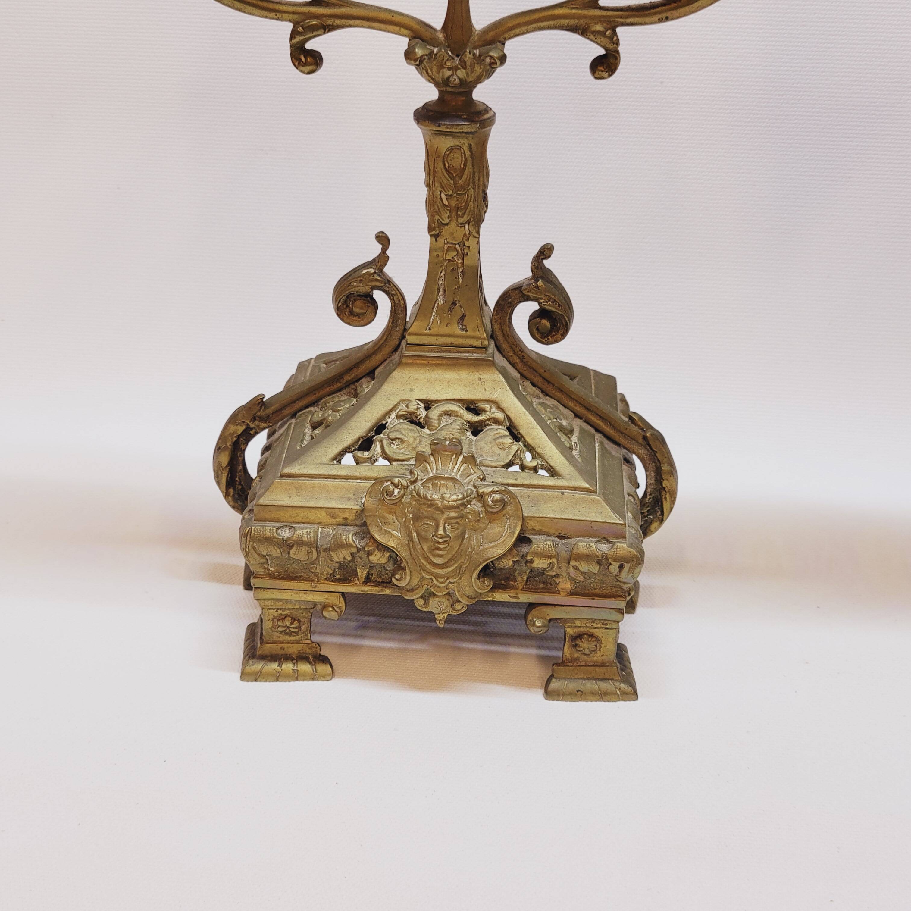 Old pair of 3 branched brass candlesticks