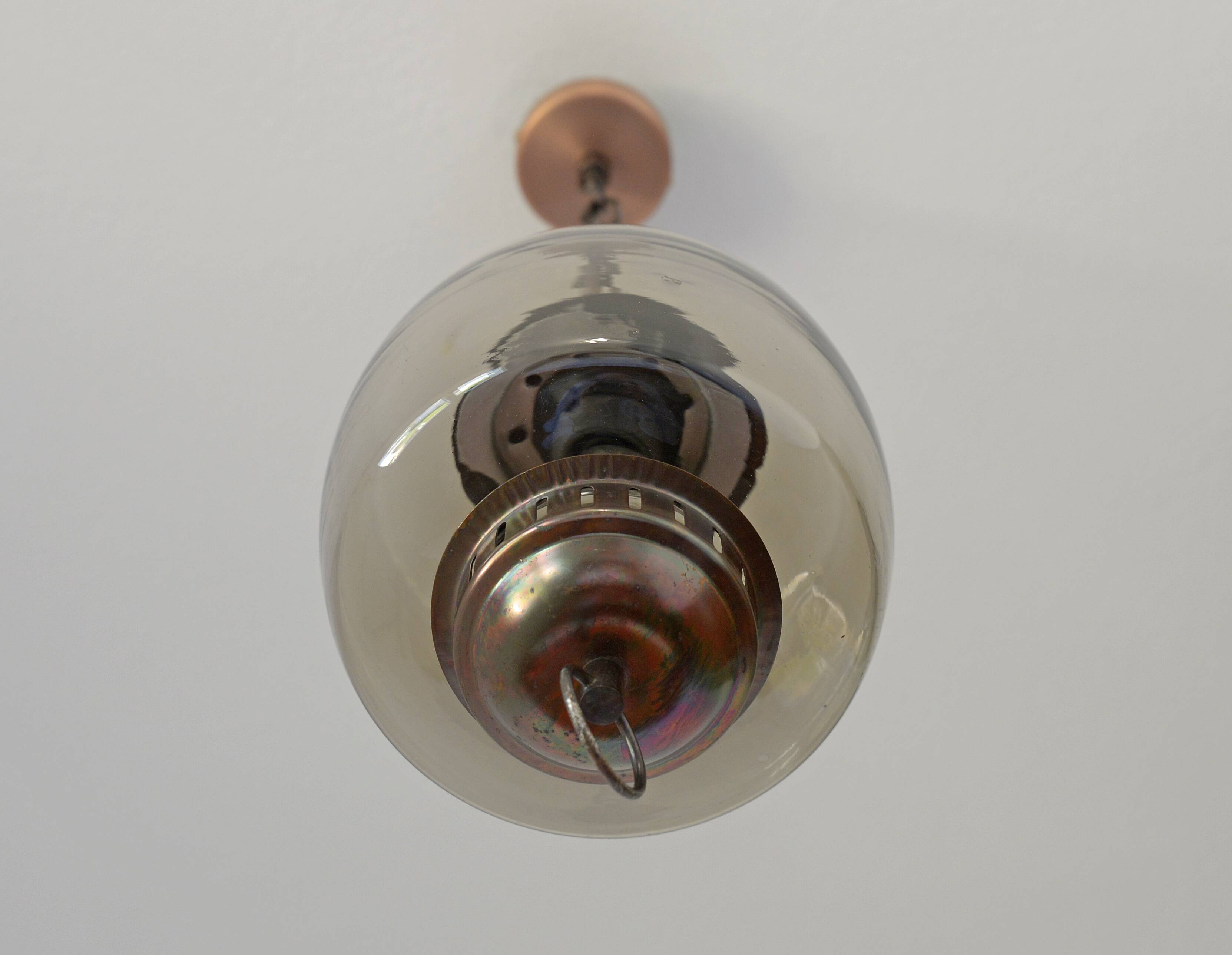 Vintage Copper Pendant Light Amber Glass Mid Century Modern Ceiling Lanter