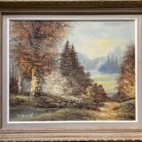 Painting "Lake and wooded landscape" HST signed Vernet + frame