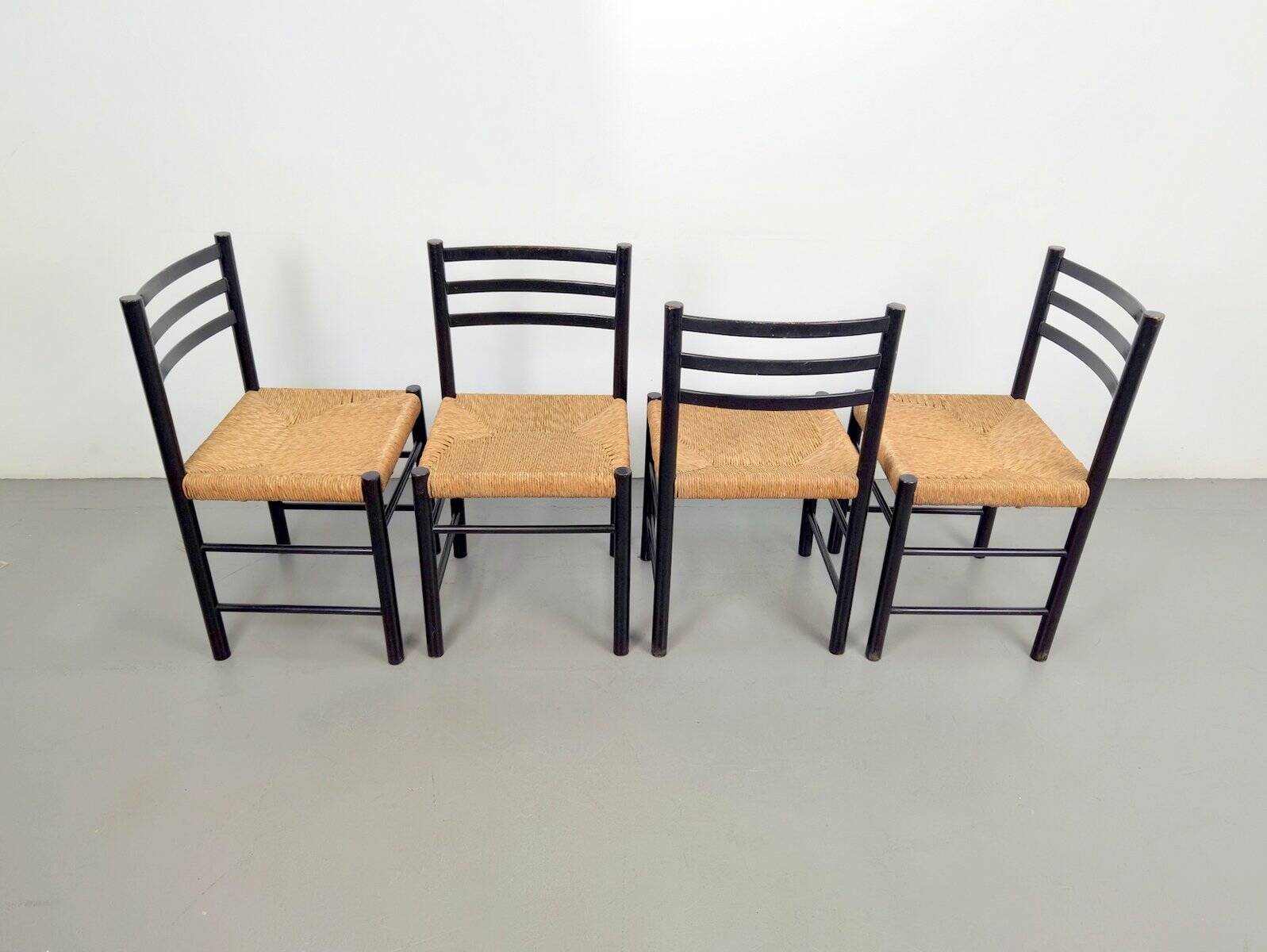Mid-Century Dining Ladder Chairs with Rush Seats, 1960s, Set of 4